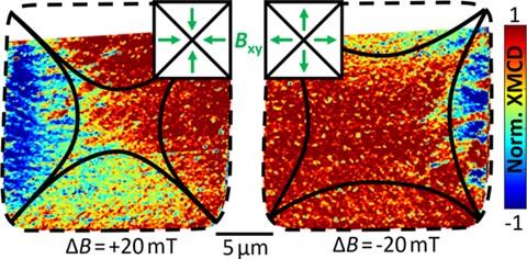 Local XMCD pattern inside the YBCO(250 nm)/Py(50 nm) bilayer at T = 26 K after zero field cooling. The positions of the flux fronts/d-lines are marked by black lines. 